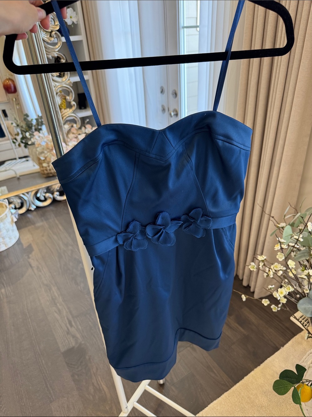 Blue One-Piece Dress with Floral Waist Trim